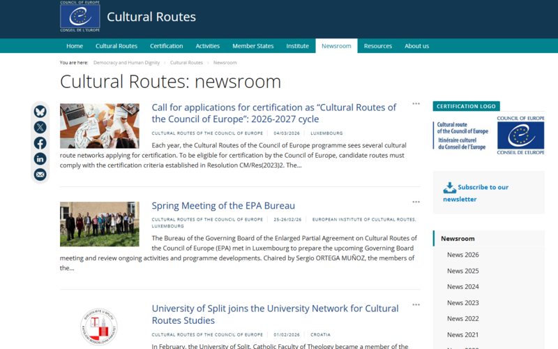 Screenshot newsroom Cultural Routes Screenshot newsroom Cultural Routes